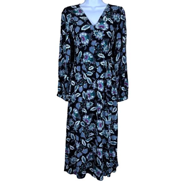 Loft Floral VNeck Long Sleeve Empire Waist Midi Dress Women's 4 Dark Whimsy NWT - Picture 2 of 13